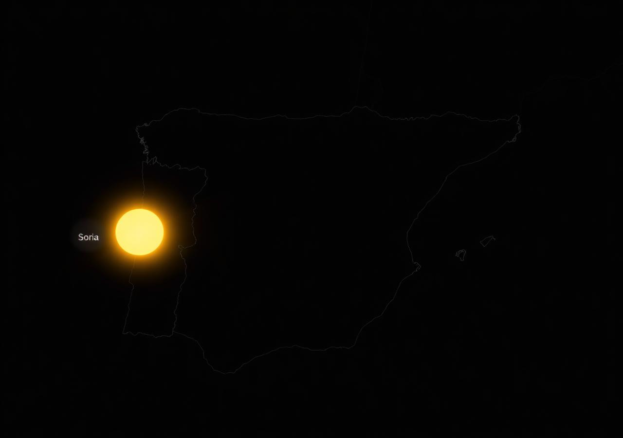 Mapa de la franja de totalidad del eclipse cruzando España, marcando la provincia de Soria